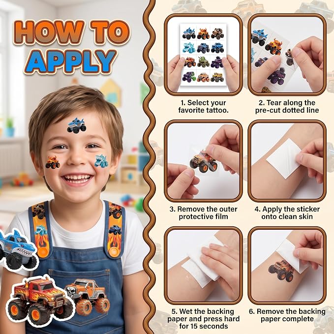 Monster Truck Temporary Tattoos for Kids - 96 Pcs Pre-Cut 3D Cute | Art Style Tattoos, 8 Sheets Dinosaur & Shark Truck Stickers for Boys Birthday Party Favors, Goodie Bag Stuffers, Rewards