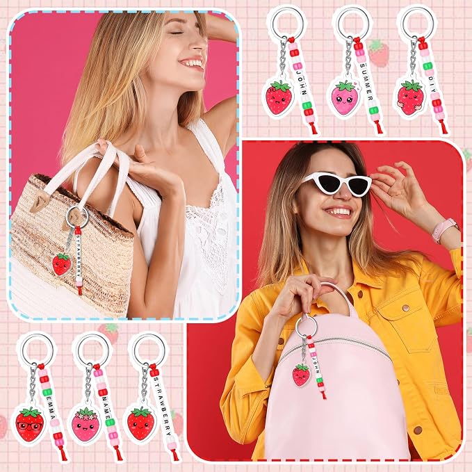 Suncalla 996 Pcs 24 Set Strawberry Keychain Making Kit DIY Summer Key Chain Crafts Bead Adjustable Letter Beads Cards Strings Kit Gift Backpack Accessories First Birthday Party Favors