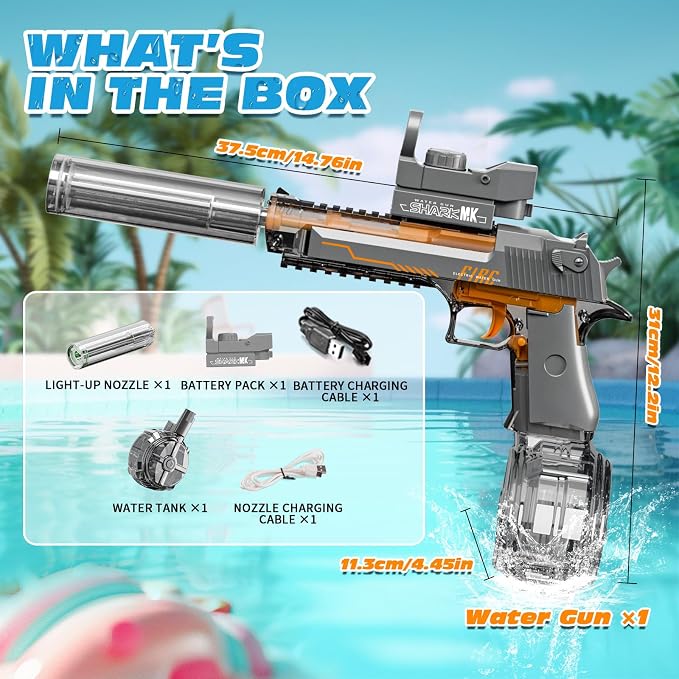 Electric Water Gun for Adults and Kids, Automatic Squirt Gun, Battery Powered Water Pistol with Light-Up Muzzle, 26-32 FT Long Range, Summer Outdoor Beach Pool Party Toy Gift