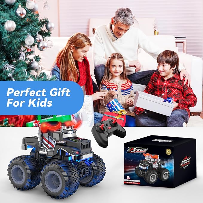 AUUGUU Remote Control Car, 2.4GHz Monster Trucks Toys with Light Spray, Birthday Gift for Kids 3 4 5 6 7 8, All Terrain RC Cars, Toddler Toys for Boys Girls 3+ Year Old (Bull)