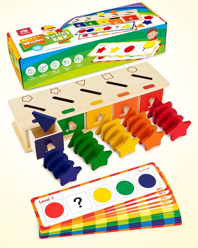 Coogam Montessori Toys Wooden Color Shape Sorting Box Game Geometric Matching Blocks Early Learning Educational Toy Gift for 3 4 5 Year-Old Baby Toddlers