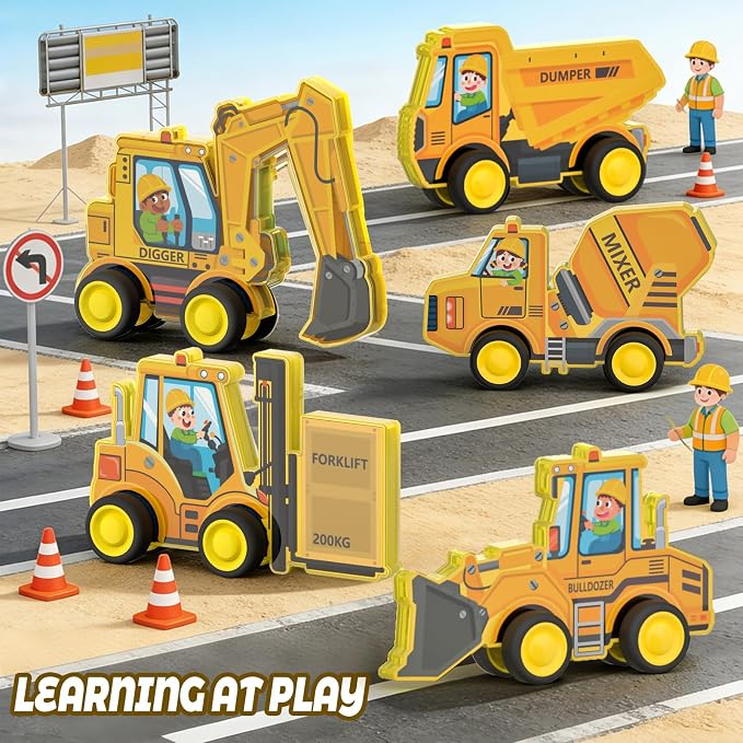 3D Construction Vehicle Toys for Kids Magnetic Tiles & Blocks, 5pcs Preschool STEM Educational Learning Toys Inc Excavator Bulldozer Forklift Dump Truck Digger Compat Magnet Tiles