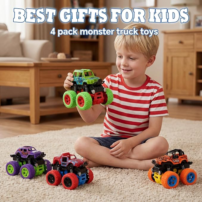 Monster Truck for Boys 3 4 5 6 7 Year Old,4 Pack Push and Go Friction Powered Car Toys, Double-Directions Inertia Pull Back Vehicle Set,Birthday Party Gift for Kids