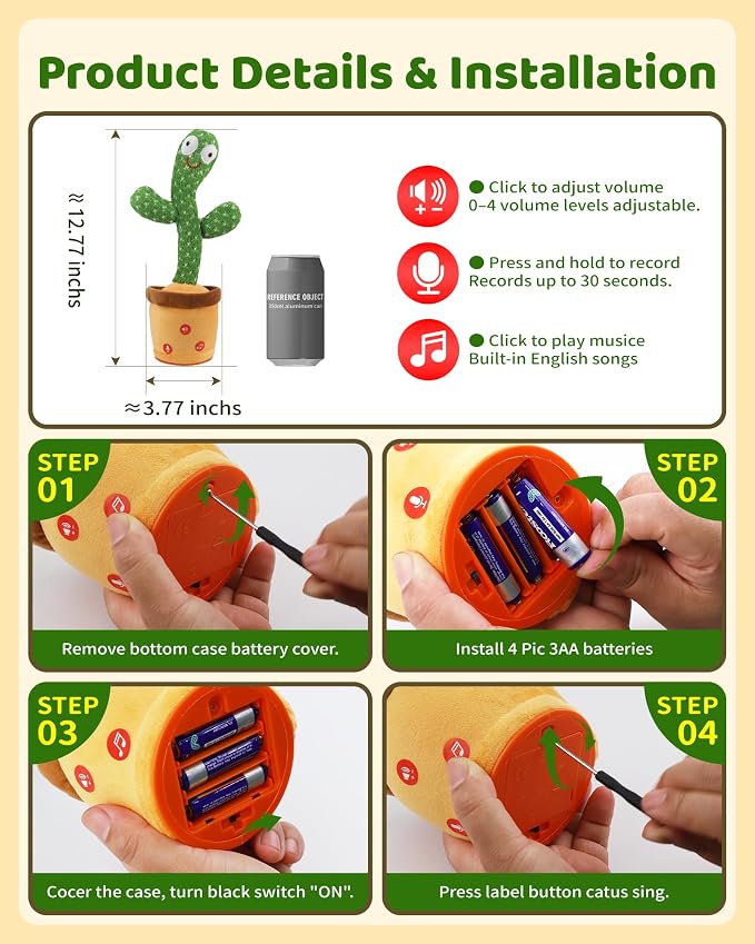 TWORIVER Adjustable Volume Dancing Talking Cactus Toy for Baby Toddler, Boys Girls Gifts Singing Mimicking Recording Repeating What You Say Baby Toys with 120 English Songs
