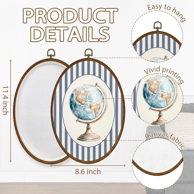 WULQYING Vintage Planet Globe Nursery Wall Art Decor, Travel Boy Nursery Travel Oval Framed Canvas Art Prints, Planet Toddler Wall Hanging Decor for Home Kids Living Room Bedroom,8.6x11.4 Inches
