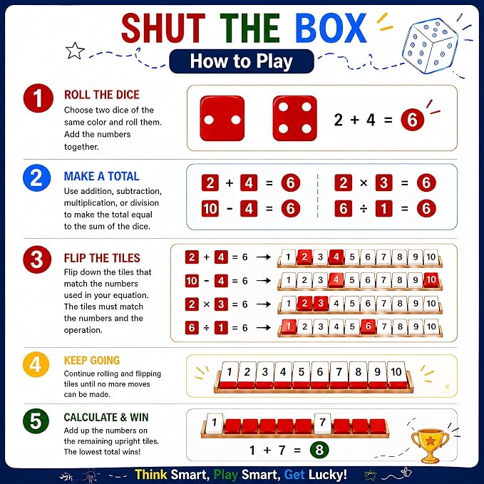 Shut The Box Game, Wooden Number Flip Board Dice Tabletop Toys for 2-4 Player, Math Educational Learning Tools for Kids and Adults, Classic Pub Family Game Night Party Activity, Camping