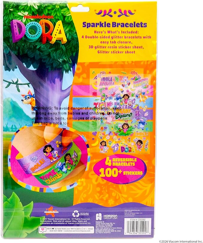 Dora Sparkle Bracelets, Reversible Bracelet Design with Easy Tab Closures, Includes Over 100 Glitter and Puffy Stickers