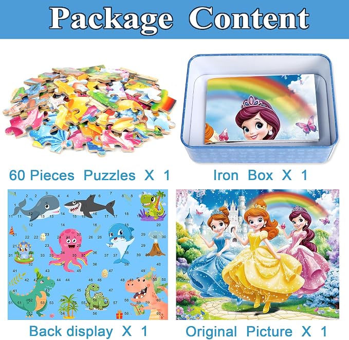MZZOTOY Princess Puzzles for Kids Ages 4-8, 60 Pieces Jigsaw Puzzles for Kids Ages 3-5 Puzzle for Girls and Boys Learning Educational Puzzles Toys in a Metal Box
