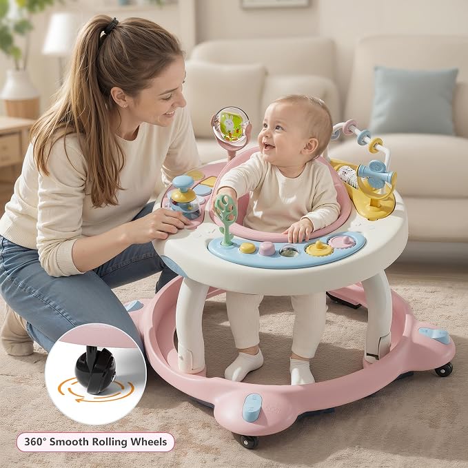 Baby Walker with Wheels, Foldable Baby Walker for Baby 6-12 Months, 3-Position Rotating Seat with Interactive Activity Center, Music Buttons, Baby Walkers for Boys Girls(Pink)