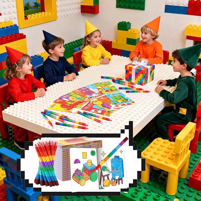 BenLouis 12 Building Block Mini Coloring Books Kids with 12 Stacking Crayons Geometric Shapes Party Favors Small Activity Books Bulk for Kids Building Party Gift Goodie Bag Stuffers
