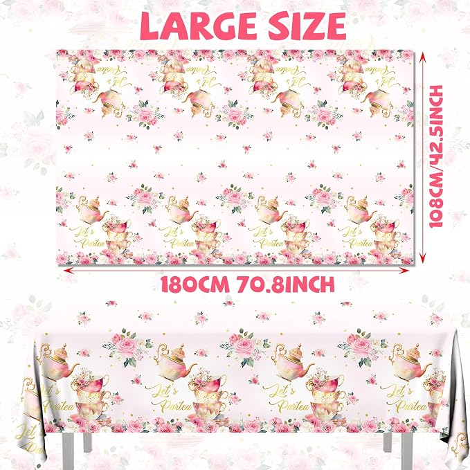 Pink Floral Tea Party Tablecloth, Girls Tea Party Birthday Supplies 3pcs Let's Partea Spring Disposable Table Cover for Baby Shower, Floral Birthday Decorations