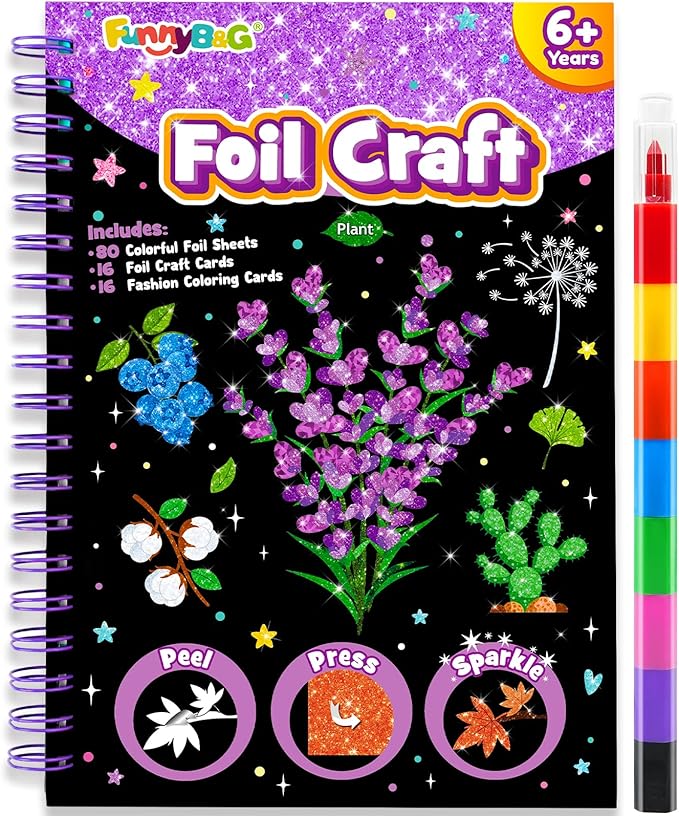 FUNNYB&G Foil Art Craft Kit for Girls 4-10 Years Old: Mess-Free & No-Glue, Create 16 Sparkly Plant Pictures – Perfect Travel Toy & Birthday Gift for Kids (Plant)