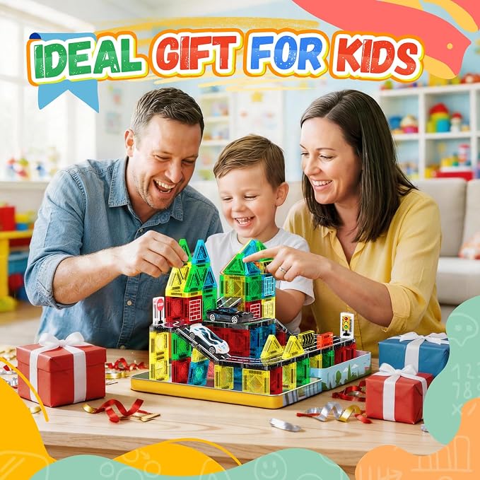 Magnetic Tiles - Road Set, City Race Track Travel Building Blocks with 2 Cars & Metal Box, Mini Magnet Tiles Outdoor Construction Toys for Boys, STEM Sensory Gifts for Toddlers 3-5 4-8 Years Old