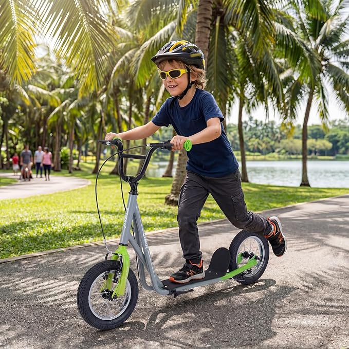 GYMAX Scooter, Kids & Adults Off-Road Scooter with 12" Inflatable Wheels, Adjustable Height Handlebar, V-Type Handbrakes & Axle Pegs for All Terrain, 8+