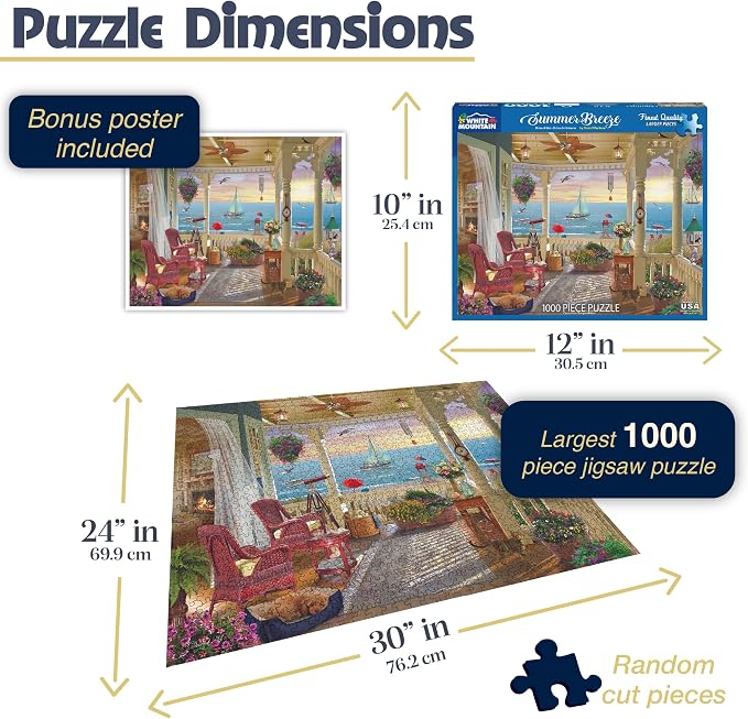 White Mountain 1000 Piece Jigsaw Puzzle Ocean Beach House Puzzles with Large Pieces Gift for Adults and Family 24"x30" - Summer Breeze