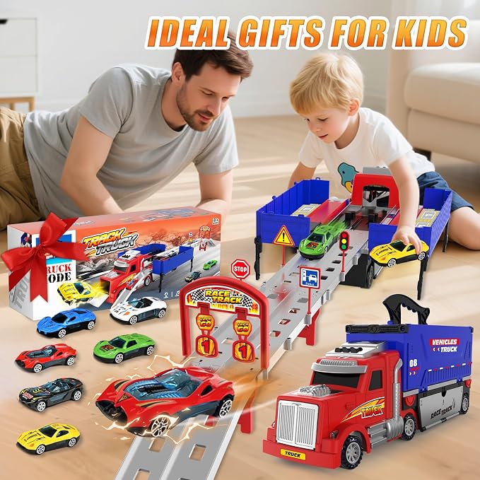 Carrier Truck Race Track Toys, Truck Toys for 3, 4, 5, 6, 7, 8 Years Old Kids, Foldable Transport Truck Toys Car with Lights & Sounds, 6 Metal Cars, Birthday Gifts for Toddler Boys Girls