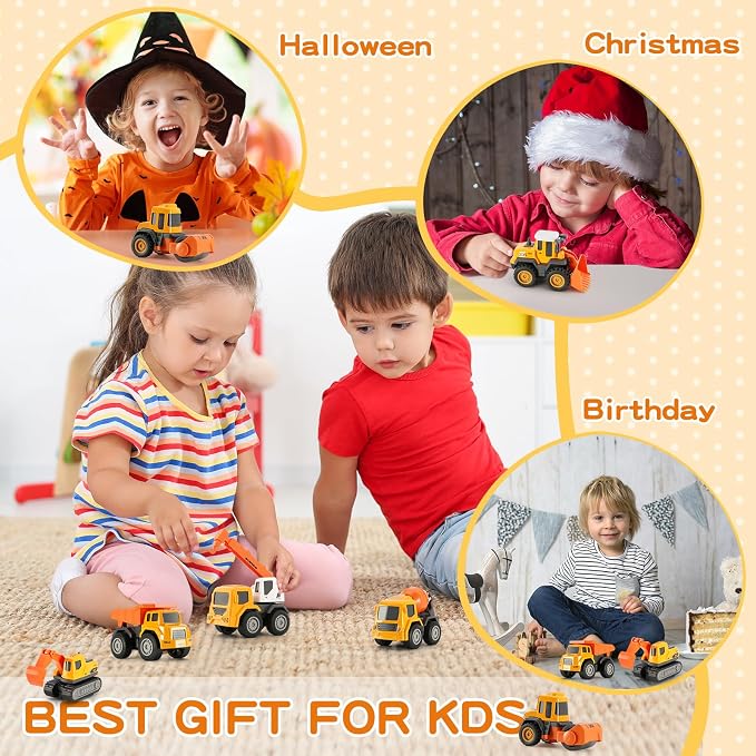 6-in-1 Mini Die Cast Alloy Construction Vehicle Set, Pull Back Toy Cars for 3 4 5 Year Old Boys Girls, Outdoor Boys Girls Toys, Ideal Gift for Birthday Party Favors & Christmas Stocking Stuffers