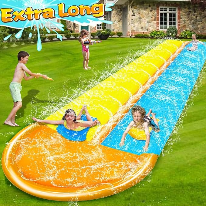 30 Ft Extra Long Slip Water Slide with Sprinkler, Heavy Duty Lawn Water Slide for Kids Adults, Double Lane Water Slide with 2 Bodyboards, Backyard Lawn Summer Outdoor Water Toys for Water Party Play