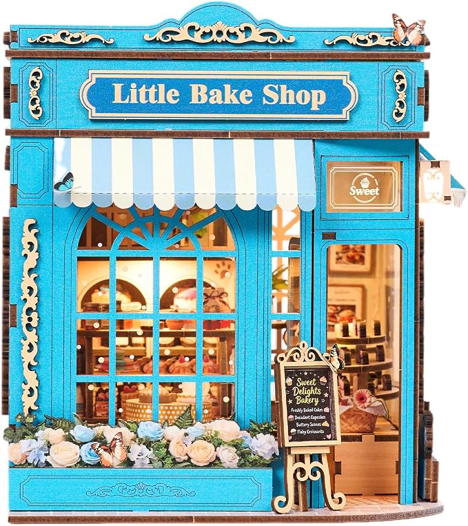 DIY Miniature Dollhouse Kit - 3D Wooden Puzzle for Adults, Illuminated Bakery Model Craft Kit with LED Light, Creative Diorama Room Decor & Hobby Gift,Little Bake Shop