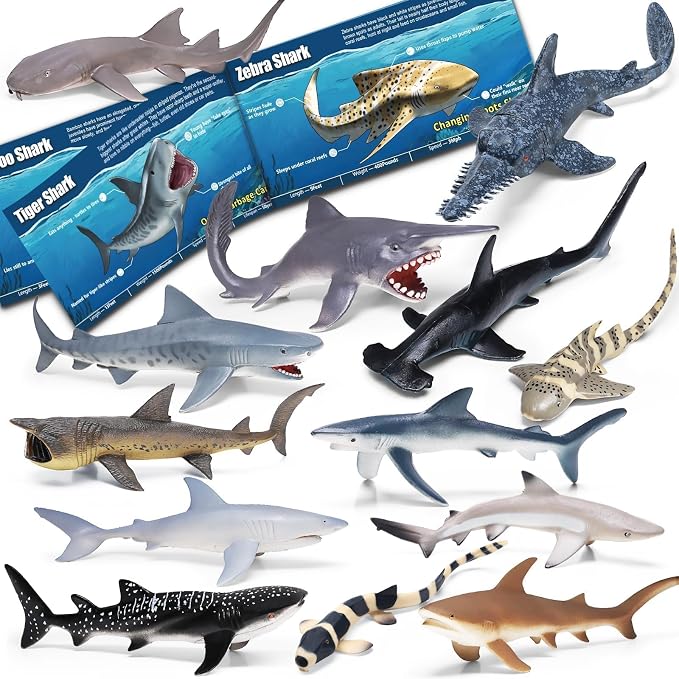 13 Pack Shark Toys Set with Booklet and Gift Box, Realistic Plastic Shark Figurines, Sea Creature Toy for Kid, Shark Party Decoration, Cake Topper, Educational Ocean Animals for Toddlers, Boys Girls