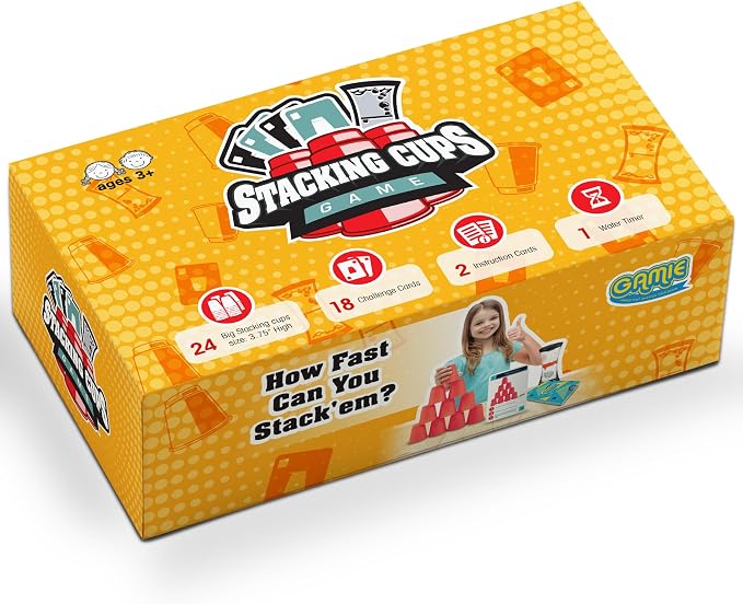 Gamie Stacking Cups Game for Kids - Set Includes 24 Cups, 18 Fun Challenging Cards, and Water Timer - Family Games for Kids and Adults, Indoor Recess Game for Classroom, Gifts for Boys and Girls