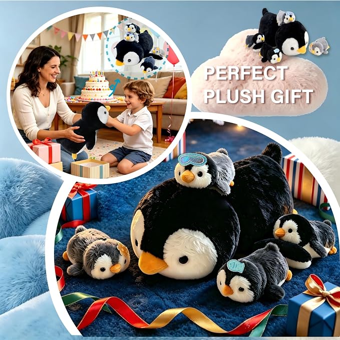 Penguin Stuffed Animal,Cute Penguin Mommy Stuffed Animal with 4 Baby Penguin Plushies in Tummy,Kawaii Penguin Plush Toy Gift for Kids Girls Boys
