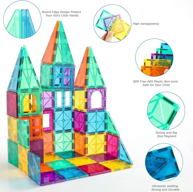 STEM Magnetic Tiles 70PCS Educational Toys for Kids Ages 3-8, Montessori Sensory Magnet Blocks for Toddlers, Classroom & Home Construction Kit
