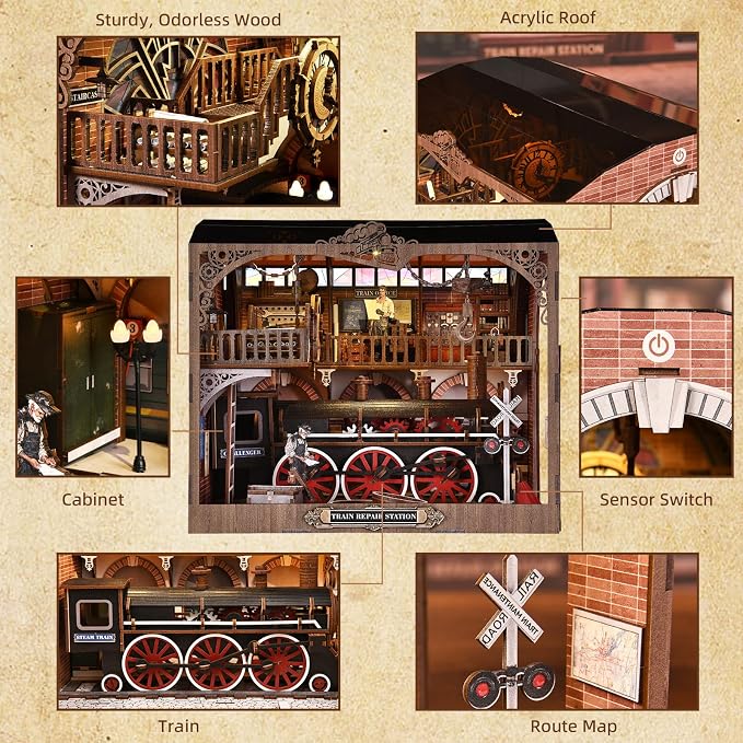 TOYQI Book Nook Kit, Book Nook Kits for Adults | DIY Miniature Dollhouse Kit 3D Wooden Puzzle Booknook Bookend with LED Light