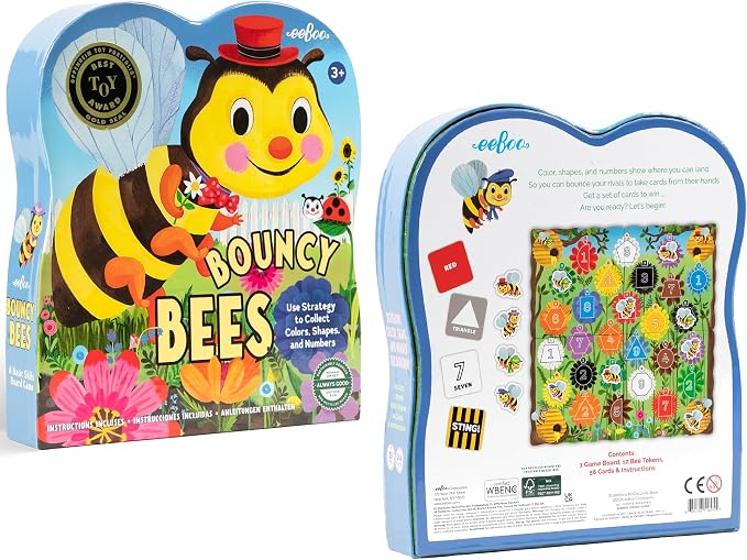 eeBoo: Bouncy Bees Board Game, Learn Colors Numbers and Shapes, Strategy Game for 2-4 Players, Screen-Free Fun, Kids Ages 3 and up