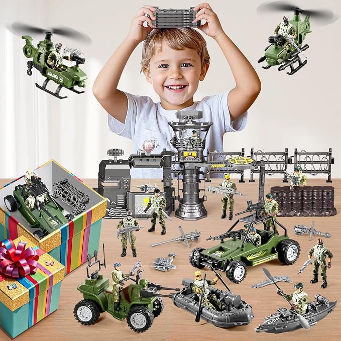 87-in-1 Army Men Toys Sets for Boys 4-7 8-12 , Military Base/Truck/Helicopter/Kayak Boat/Motorcycle/Army Men Action Figures/Weapon Gears, Army Toys for Boys Kids Birthday Gifts Party Favors