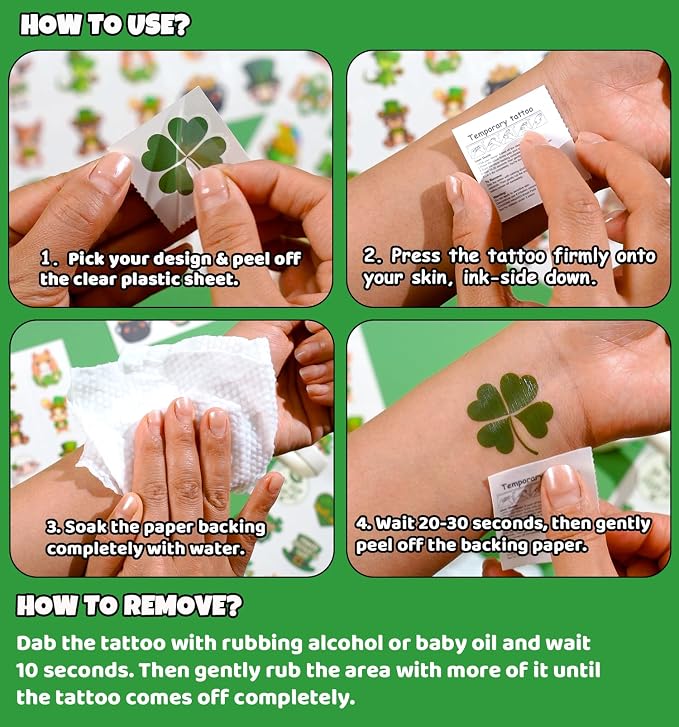 JCFIRE St Patricks Day Tattoos for Kids, Shamrock Stickers Temporary Tattoos for Children, Saint Patricks Day Accessories Party Favors, Lucky Irish Decor Gifts, St Paddy Decorations Supplies