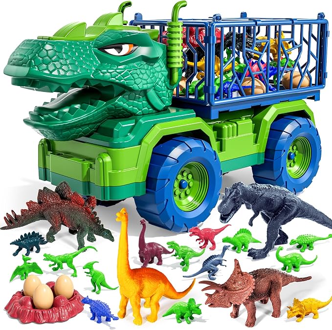 22 in 1 Toddler T-rex Dinosaur Truck Toy Set for Kids Boys 3-5 5-7, Tyrannosaurus Carrier Transport Truck with 18 Jurassic Dino Figures Birthday Toy for Boys Girls 3 4 5 6 7 Years Old