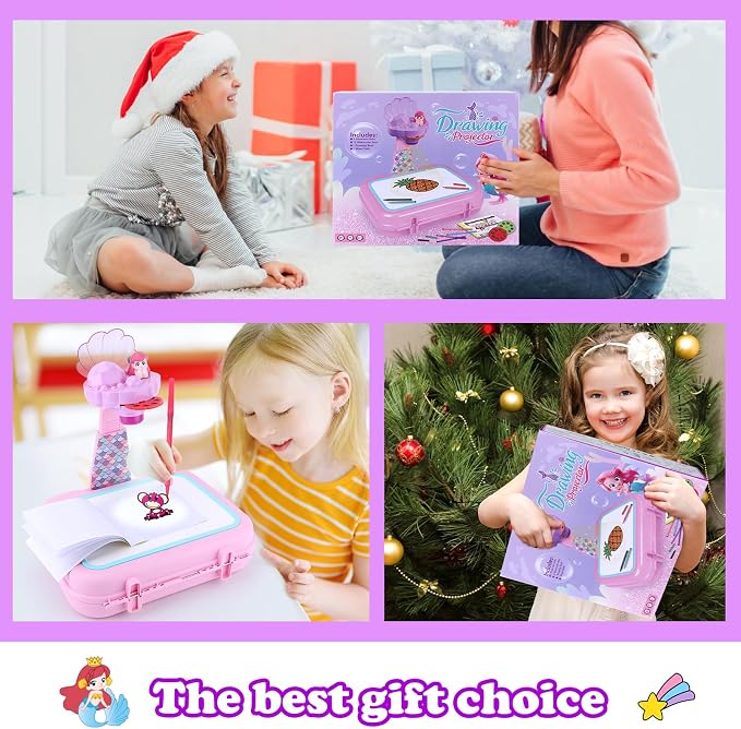Hoarosall Drawing Projector for Kids, Arts and Crafts,Drawing Board Tracing Pad, Color Pens, Pencils, Crayons, Scrapbook, Ideal Toy for 3+ Year Old Girls (Mermaid Kit with Box)