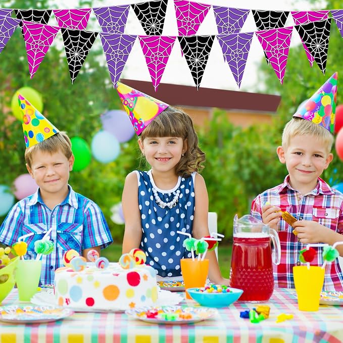 Tiamon 5 Pcs Wednesday Birthday Party Decorations Halloween Spider Web Birthday Triangle 49.2 ft Flag Black Purple Pink Pennant Banner Spider Garland Streamer for Baby Shower Party Supply