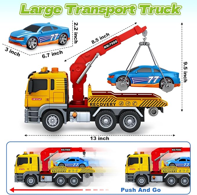 SpringFlower Tow Truck Toy, 3 4 5 6 Years Old Boy Toddlers Truck Vehicle, 12" Large Tow Toy with Racing Car Light Sound, Birthday Gifts for 3 4 5 6 Boys & Girls