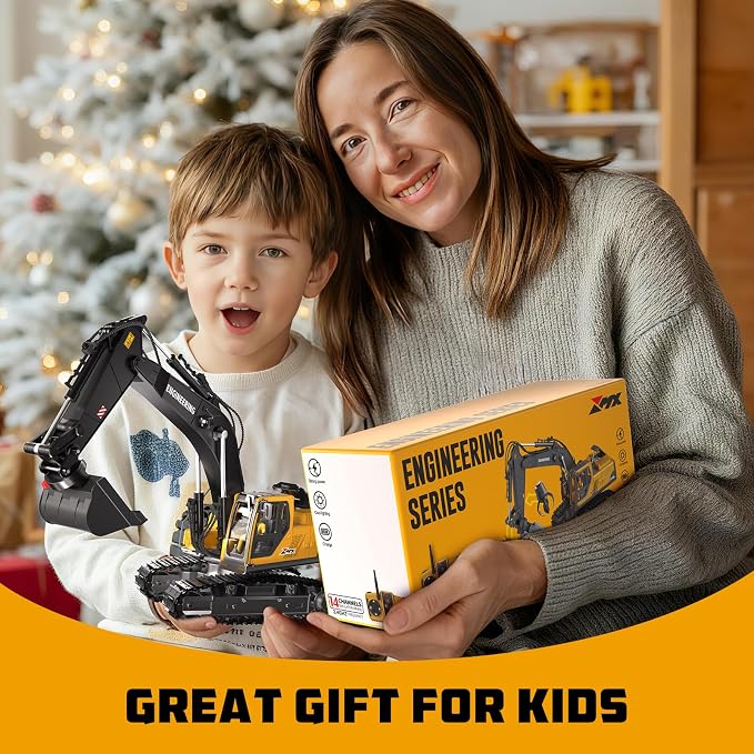 Remote Control Excavator Toys, 3-in-1 Metal Bucket/Claw/Drill, Turns 680° - Construction Toys with Lights/2 Recharge Batteries/Music, Christmas Birthday Gifts Mini RC Excavator Toys Boys for 3+