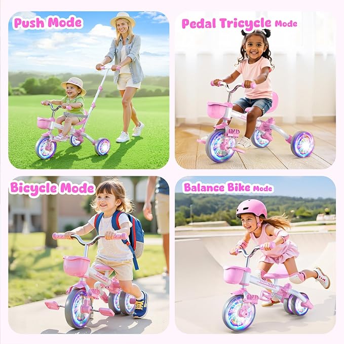 Kkdi 5 in 1 Toddler Bike for 1-5 Year Old, Tricycle with Push Handle, Convertible Baby Balance Bike, Bicycle, Color Light Wheel & Detachable Pedal, 4-Position Seat, Toddler Girl Birthday Gift, Toy