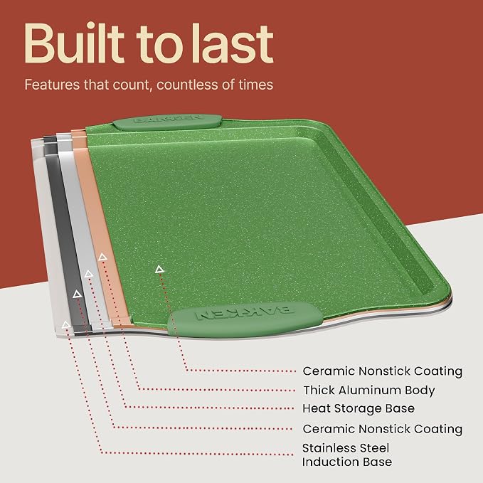BAKKEN Kitchen Baking Pan Set - Nonstick Green Marble Coating, Carbon Steel Bakeware Sets with Green Silicone Handles, Kitchen Essentials, PFOA, PFOS, PTFE Free, Oven Safe (Up To 450° F), Set of 10