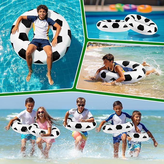 4 Pcs Soccer Ball Pattern Pool Floats - 28 Inch Sports-Themed Kids Swim Rings (Ages 10-15), Inflatable Pool Toys for Hawaiian, Beach, Water Park
