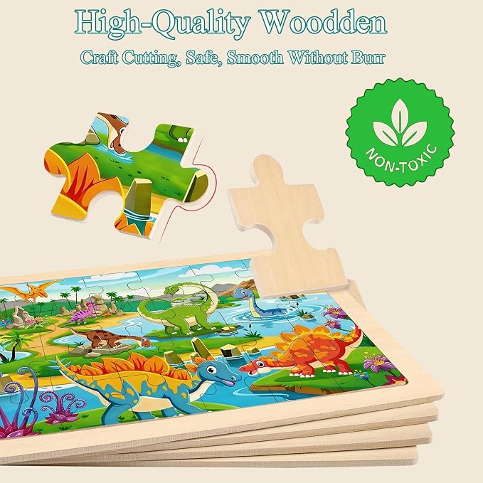 Wooden Puzzles Dinosaur Toys for Kids Ages 4-6, 4 Packs 24 Piece Wooden Jigsaw Puzzles Preschool Educational Brain Teaser Boards Toys Gifts for Boys and Girls 3 4 5 6 Years Old