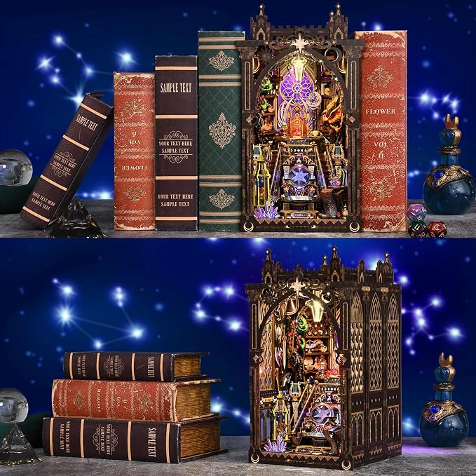 TOYQI Book Nook Kit, Book Nook Kits for Adults | DIY Miniature Dollhouse Kit 3D Wooden Puzzle Booknook Bookend with LED Light