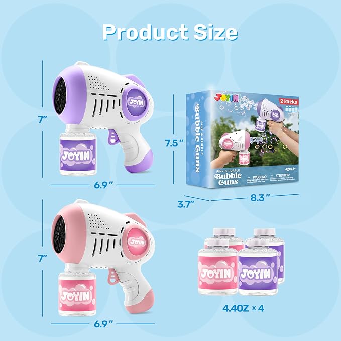 JOYIN 2 Kids Bubble Guns with 4 Bottles Solution, Automatic Bubble Machine Gun with 8 Holes for Kids, Adults, Summer Toys, Easter Basket Stuffers, Birthday Gift, Party Favors-Purple,Pink