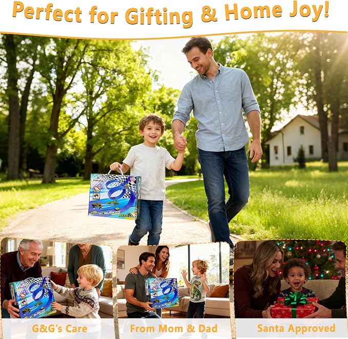 Portable DIY 16ft Flexible Race Track with Roll-Up Storage Compatible with 1/64 Diecast Cars Ages 3+(Includes 6 Racing Cars) Christmas Decorations for Kids