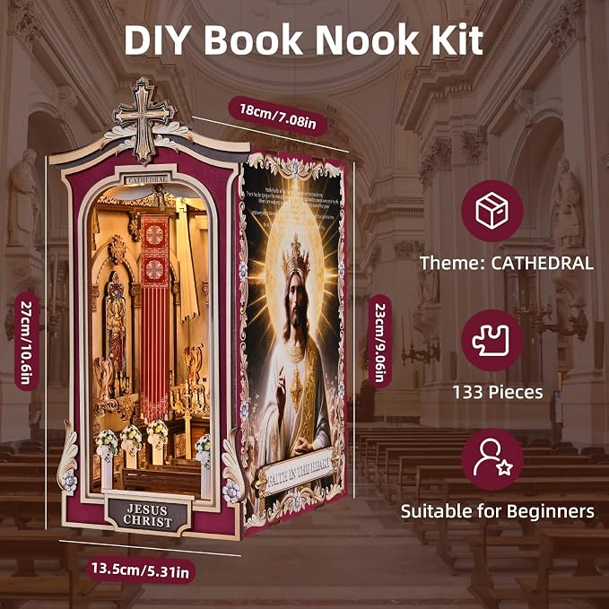Book Nook Kit, Simple Booknook Bookend, Miniature Dollhouse House Kit | DIY 3D Wooden Puzzle for Beginner, Model Building with LED Light and Dust Cover,Jesus Christ Church Cathedral