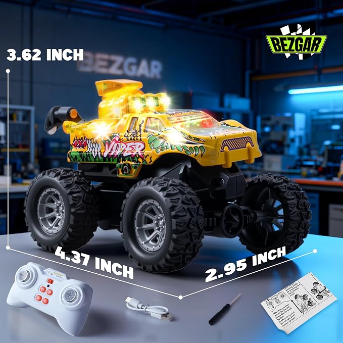 BEZGAR Mini Monster Truck Toys - 2.4GHz 1:64 Remote Control Car with Colorful Lights, 360° Spins, Metal Shell - Remote Control Monster Truck for Boys Girls Age 3, 4, 5, 6, 7, 8 Years Old(Yellow)