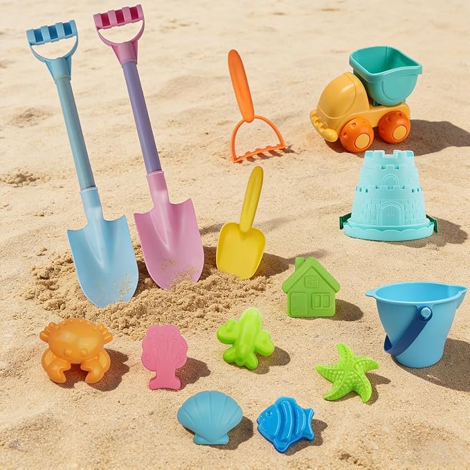 IOKUKI Long Shovels Sand Toys Set with Mesh Bag Including Dump Truck, Beach Buckets, Shovels, Rakes, Molds, Outdoor Beach Toy Tool Kit for Kids, Toddlers, Boys 1and Girls (15 PCS) Age 3+