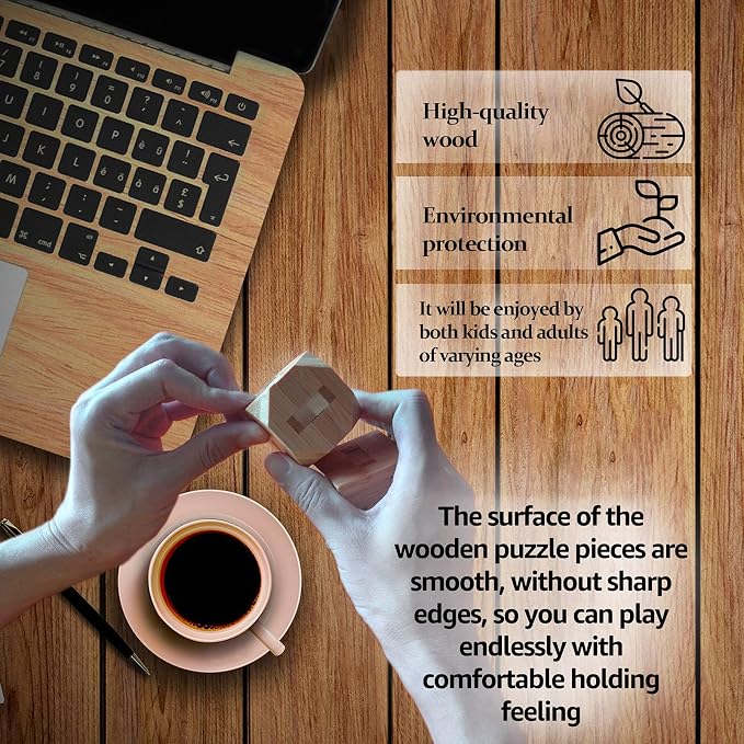VolksRose 9pcs Wooden Brain Teaser Puzzles, IQ Challenge Puzzle Games, Logic Mind Puzzle Box Lock Toy Disentanglement 3D Small Brain Puzzle Gift Set for Adults Teenagers Kids, 1.8inch 4.5cm