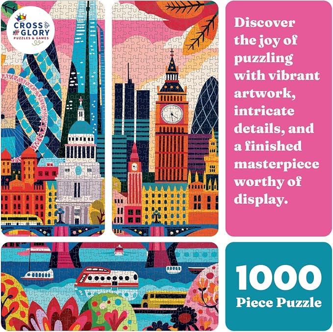 Cross & Glory - Colourful London - 1000 Piece Jigsaw Puzzle for Adults | Iconic Landmarks of London | Challenging Puzzle for Art and Travel Lovers