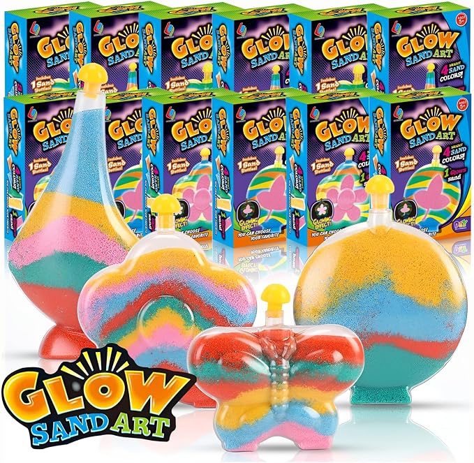Create Your Own Magic Sand Art Glitter Activity | Glow in the Dark Colored Custom Sand Kits for Kids - Includes 12 Bottles, Funnels, Sticks, 60 Bags of Colorful Sand | DIY Arts and Crafts (12 Pack)
