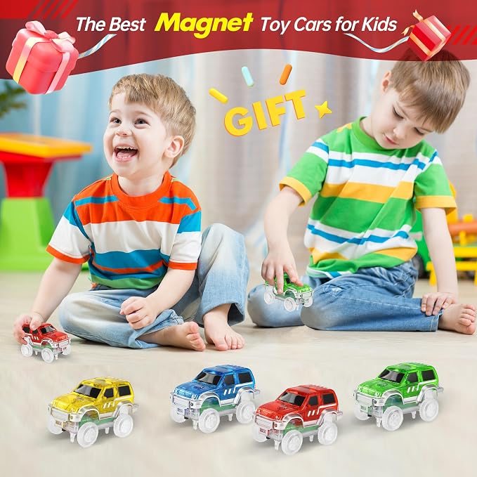 Magnetic Track Cars Replacement Only, Flex Track Race cars Accessories Construction Building Kits for Magnet Tracks Glow in the Dark, Only Compatible with Magnetic Car Tracks for Kids Ages 3+ (4pack)